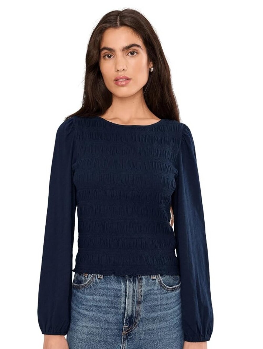 Madewell Smocked Boatneck Top Midnight Navy Long Sleeve 100% Cotton Size Medium